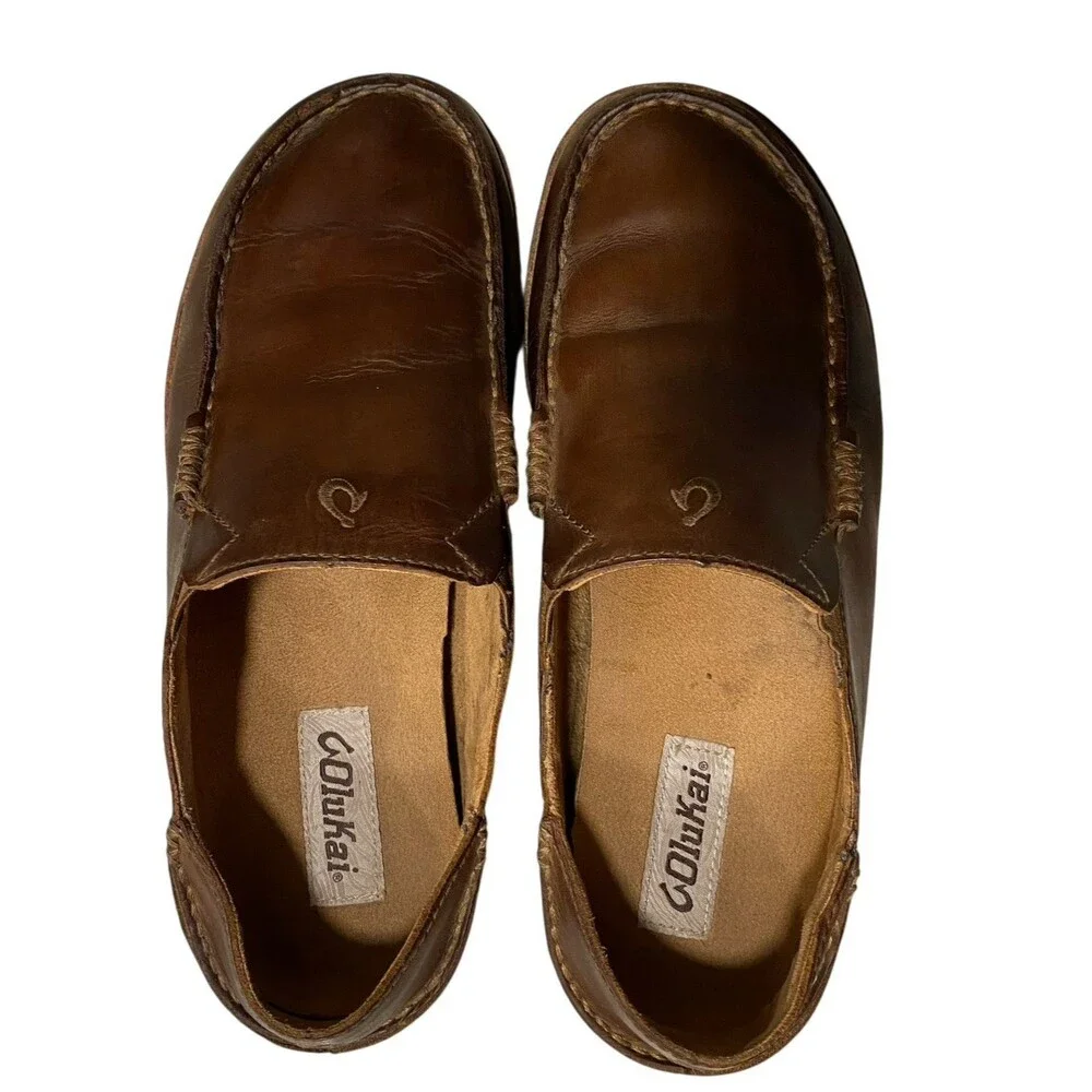 OluKai Moloa Leather Slip On Loafers Mens 8.5 Brown Drop In Heel Moc Toe Comfort